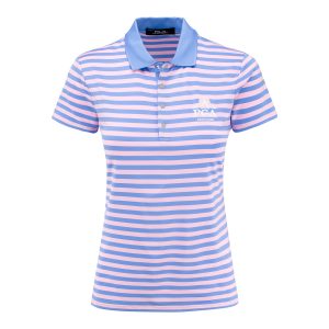 RALPH LAUREN 2026 PGA CHAMPIONSHIP WOMEN’S LIGHTWEIGHT AIRFLOW 4-SNAP PLACKET STRIPE POLO IN BLUE MIST AND LIGHT PINK