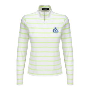 RALPH LAUREN 2026 PGA CHAMPIONSHIP WOMEN’S AIRFLOW QUARTER ZIP STRIPED MOCKNECK PULLOVER IN CERAMIC WHITE AND LIGHT LIME
